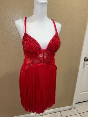 Banjul Red Beaded Fringe Mini Dress
